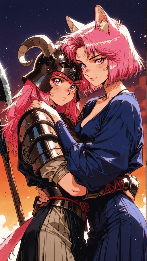 Two pink-haired anime characters, a samurai warrior in armor and a cat-girl in blue, hugging under a starry night sky while looking at the viewer.