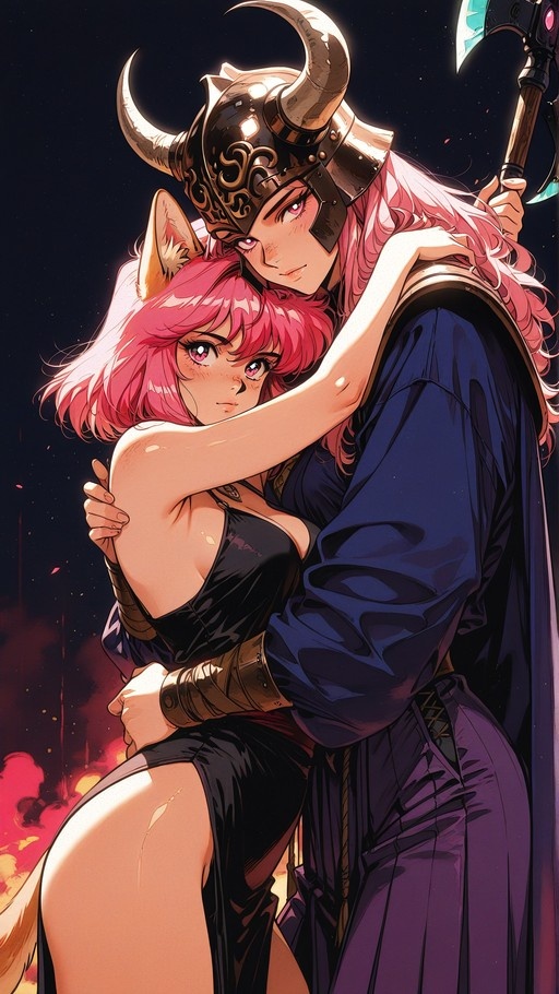 A pink-haired anime catgirl in a black dress hugs a taller warrior woman wearing a large horned helmet and holding an axe against a dark background with glowing embers.