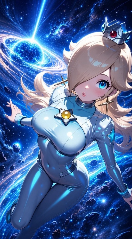 Rosalina floating in space wearing a blue bodysuit with a star emblem and crown, surrounded by stars and nebulae.
