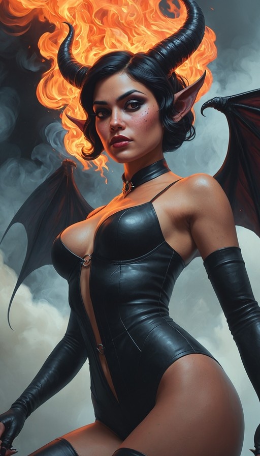 A digital illustration of a dark-skinned demoness with large curved horns, pointed ears, and bat wings, wearing a black leather leotard and long gloves against a fiery background.