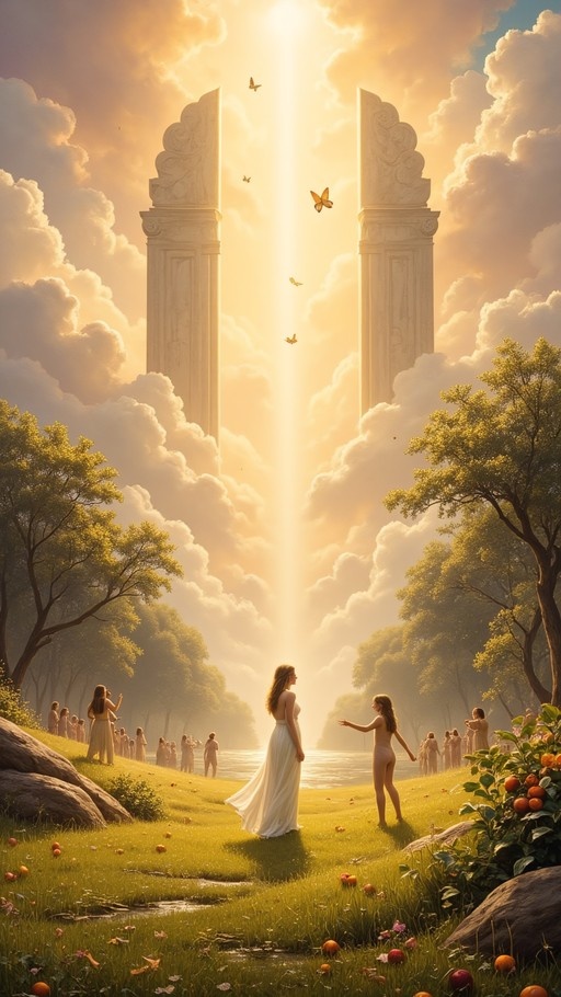 A woman in a long white dress stands on a grassy hill facing another figure, with tall stone pillars emitting a beam of light and butterflies flying against a golden cloudy sky.