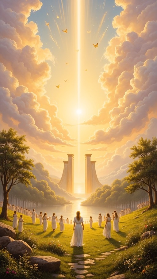 A group of people in long white dresses stand on a grassy hill looking toward two large stone pillars that frame a bright beam of sunlight shooting into a cloudy golden sky filled with flying butterflies.