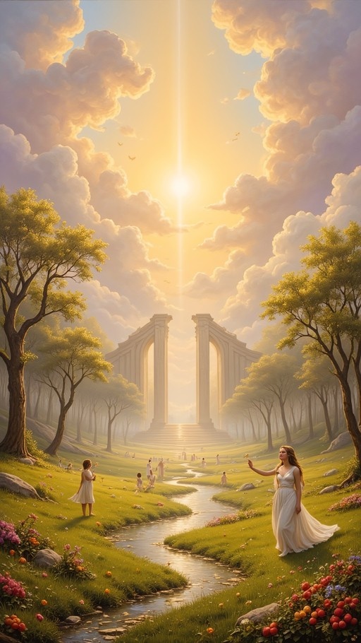 A woman in a long white dress stands in a grassy field reaching toward large white pillars under a bright golden sky with a stream flowing nearby.