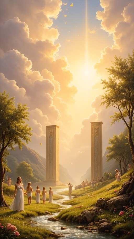 A group of women in long white dresses walk along a grassy path next to a stream towards two tall stone pillars under a bright, cloudy sky with golden sunlight.