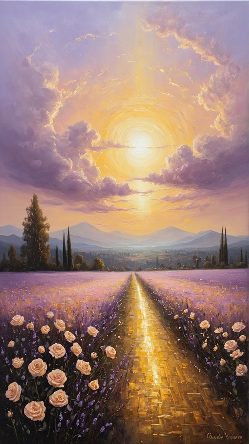 A digital painting of a glowing golden path winding through a field of purple flowers and roses towards distant mountains under a dramatic swirling sunset sky.