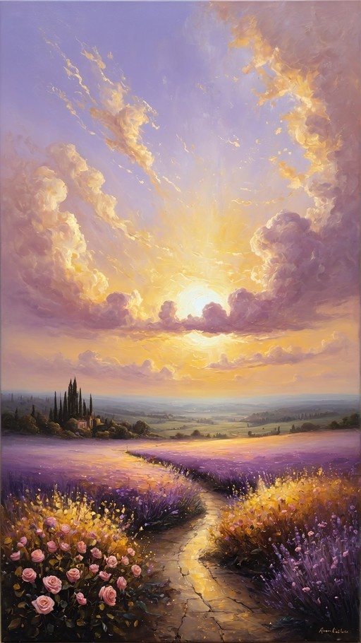 A winding stone path leads through fields of purple flowers and yellow blooms towards a distant horizon, framed by pink roses in the foreground under a dramatic golden sunset sky.