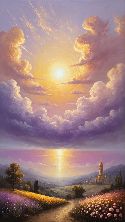 A digital painting of a winding path through pink and purple flowers leading to a golden-domed tower under a dramatic swirling sunset sky.