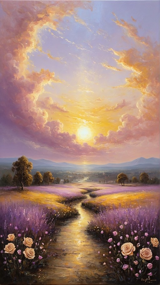 A painted landscape showing a winding path through purple flower fields towards a sunset over distant mountains, framed by pale roses in the foreground.