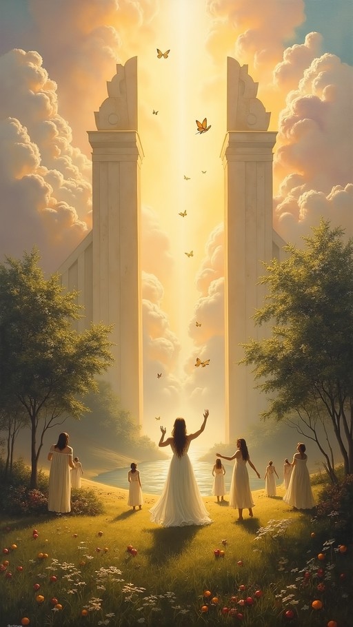 A group of women in long white dresses stand on a grassy hill facing two tall stone pillars that frame a beam of bright sunlight, with butterflies flying in the air.