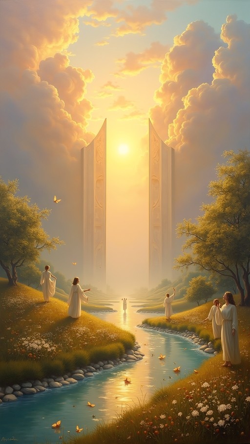 Figures in white robes stand by a river looking at glowing golden gates.