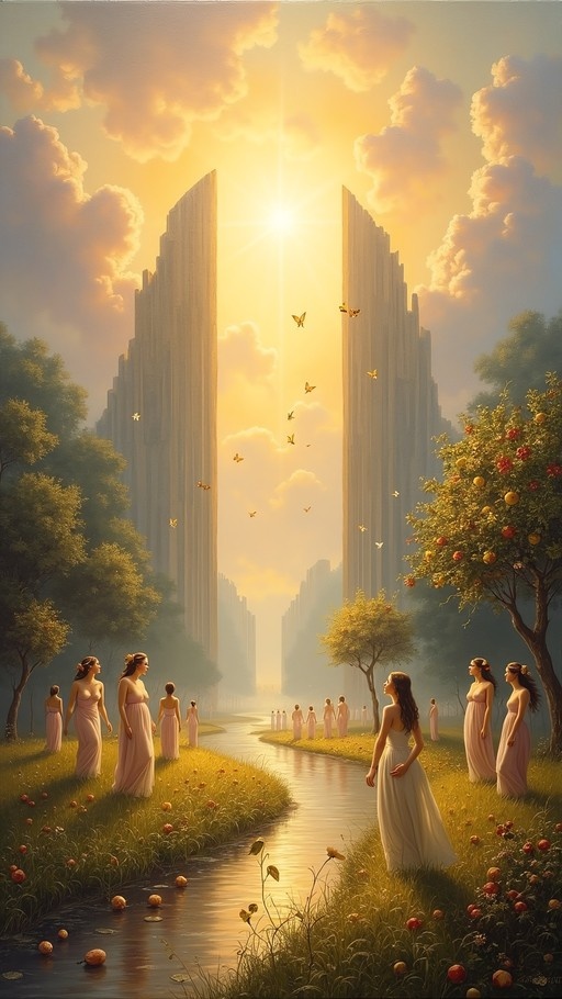 Several women in long pink and white dresses stand by a stream looking toward tall stone gates under a bright golden sky with flying butterflies.