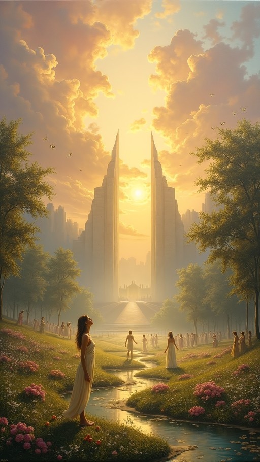 A woman in a long white dress stands barefoot by a stream, looking up at two massive white spires framing a bright golden light, while other figures walk toward the gates in a lush green landscape.