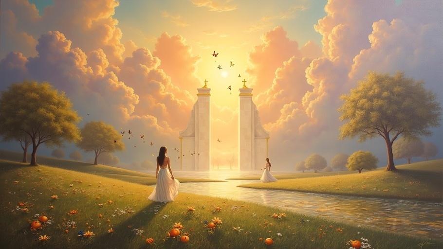 Two women in long white dresses walk across a flower-filled meadow toward a luminous heavenly gate topped with crosses, surrounded by trees and flying butterflies under a cloudy sunset sky.