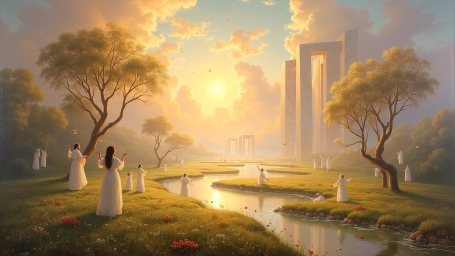Figures in white robes standing by a river near large stone arches during a golden sunset.