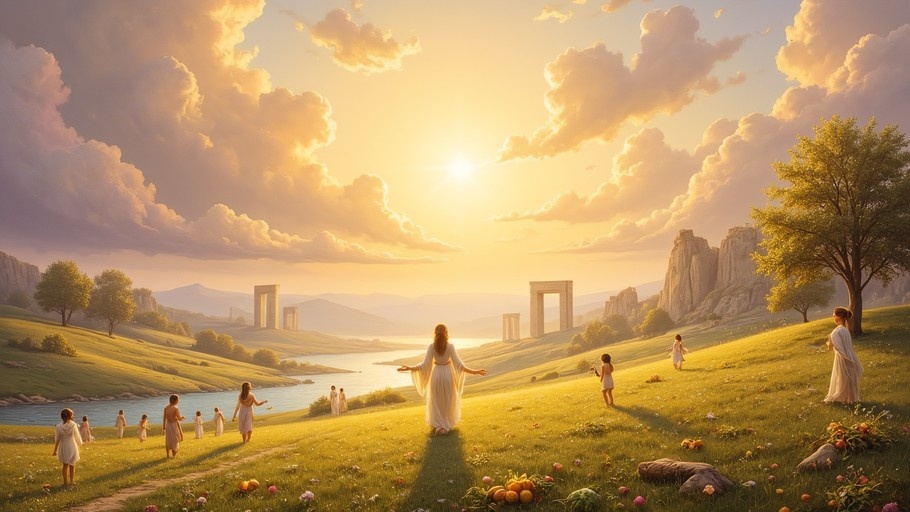 Figures in white classical robes stand on a sunlit green meadow, gazing toward distant stone arches and a river valley under a dramatic golden sunset sky.