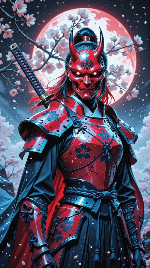 A female samurai in red armor and a horned oni mask stands under a red full moon amidst falling cherry blossoms, carrying a katana on her back.
