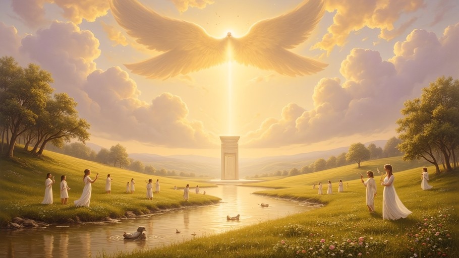 People in white robes stand on green hillsides by a stream, gazing up at massive golden wings hovering over a glowing stone obelisk against a cloudy sunset sky.