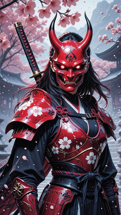 A female warrior wearing a red oni mask and red armor with white cherry blossom designs stands outdoors among falling petals with a sword on her back.
