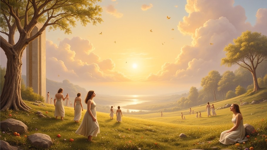 A group of women in white dresses walking and sitting on a grassy hill during a golden sunset with birds flying overhead.