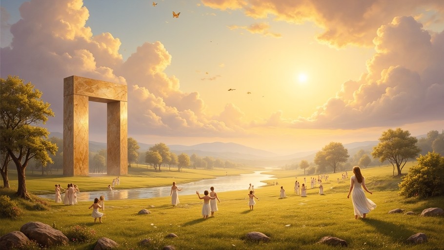 A wide shot of a green valley at sunset featuring a large rectangular stone archway on the left and many people wearing white robes walking near a river.