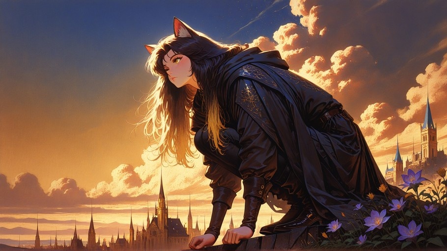 A cat girl with dark hair and a black cloak crouches on a ledge overlooking a fantasy city at sunset.