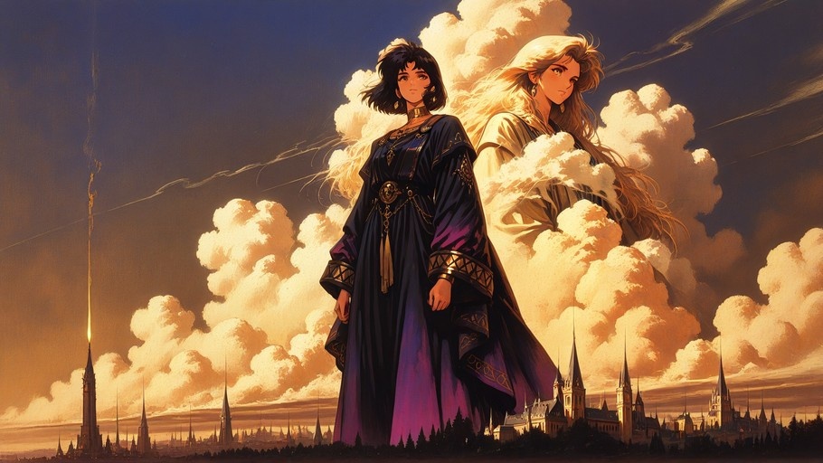 Two women in fantasy robes standing tall above a city with dramatic clouds and spires.