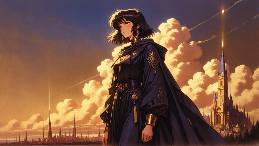 A young woman with short black hair and yellow eyes stands in a dark blue gown and cape, looking out over a fantasy city with tall spires under a cloudy sky with a beam of light.