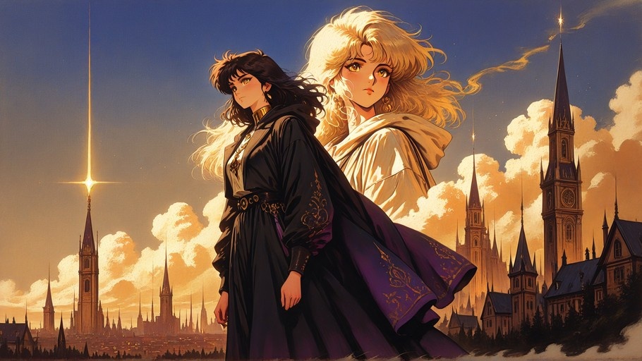 Two anime-style female characters standing back-to-back in front of a fantasy city with tall spires and a dramatic sky.
