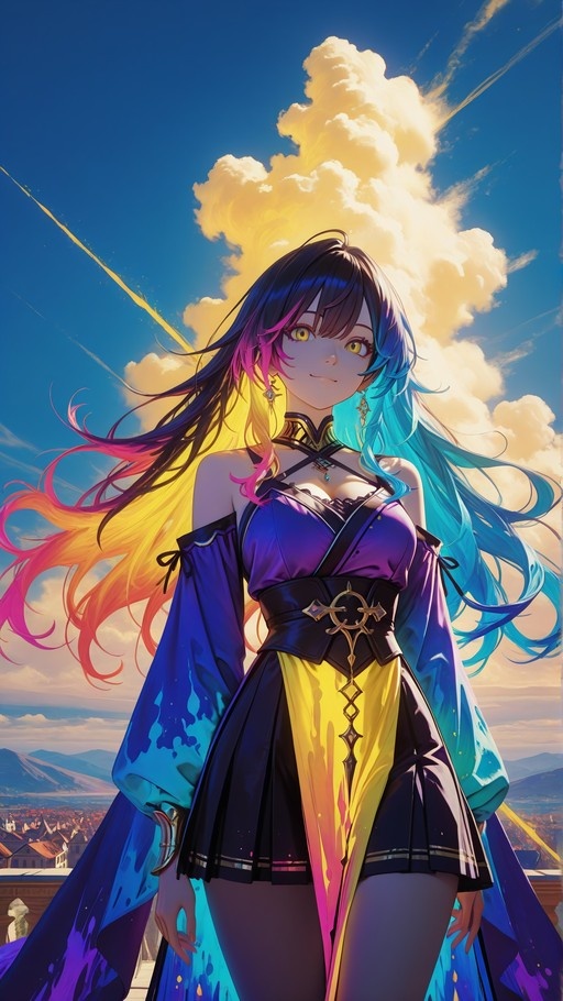 An anime-style girl with long multicolored hair and yellow eyes stands on a rooftop in a purple fantasy outfit against a blue sky with large cumulus clouds.