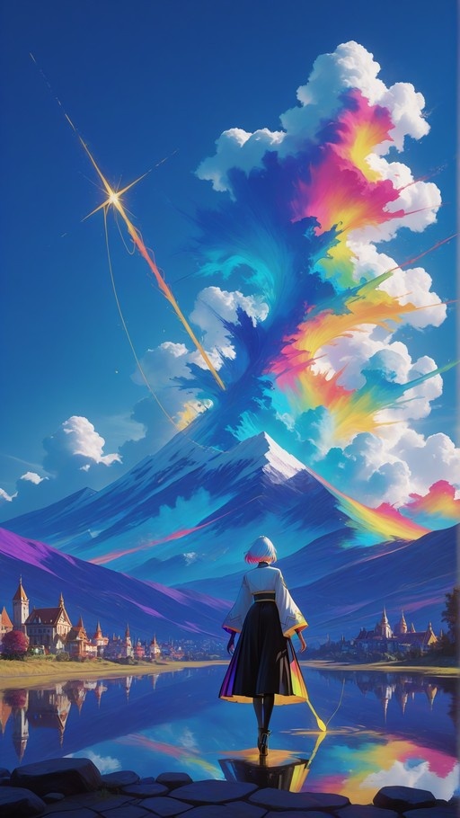 An anime-style girl with short hair stands by a reflective lake, facing a snowy mountain topped with vibrant rainbow-colored clouds and a streaking shooting star.