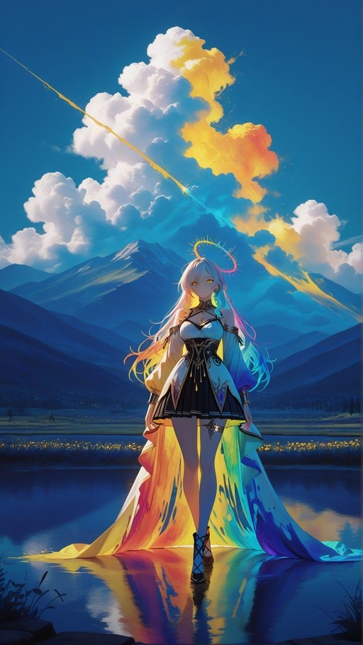 An anime-style girl with long multicolored hair stands in a lake wearing a fantasy dress with a gradient train, set against mountains and a sky with a golden streak.
