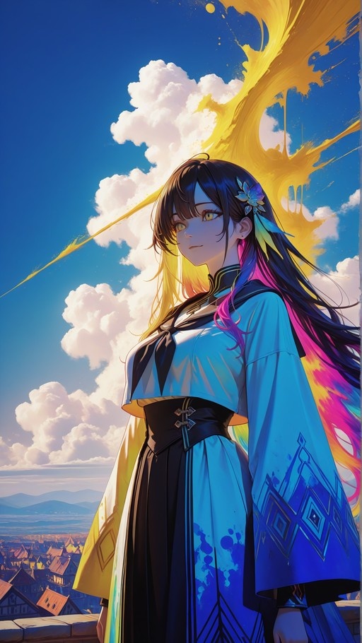 Anime girl with long dark and rainbow hair wearing a white top and black skirt standing against a blue sky with clouds.