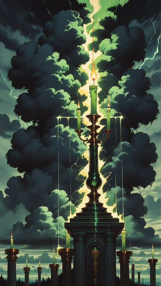 A large golden candelabra with three melting green candles stands on a pedestal against a dramatic background of dark green and black storm clouds with lightning bolts.