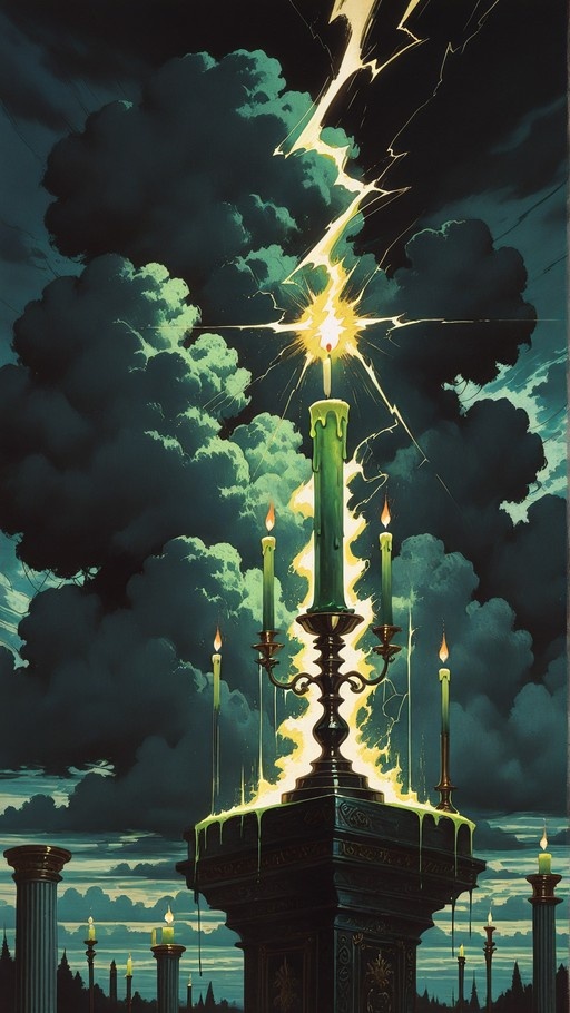 A tall green candle on an ornate black candelabra is struck by a bright yellow lightning bolt against a backdrop of dark teal clouds and distant pillars.