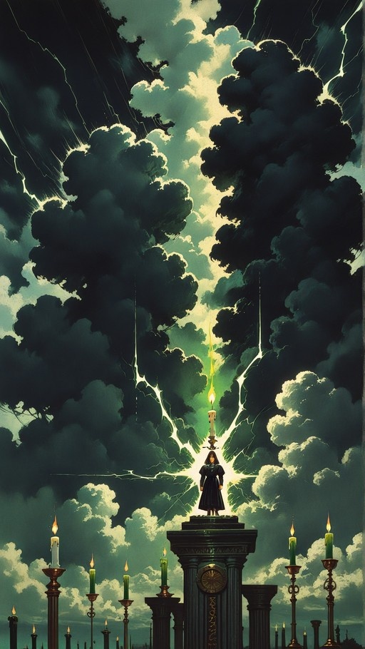 A robed figure stands atop a clock tower holding a glowing candle against a dramatic backdrop of dark storm clouds and lightning, with other candles burning on pillars below.