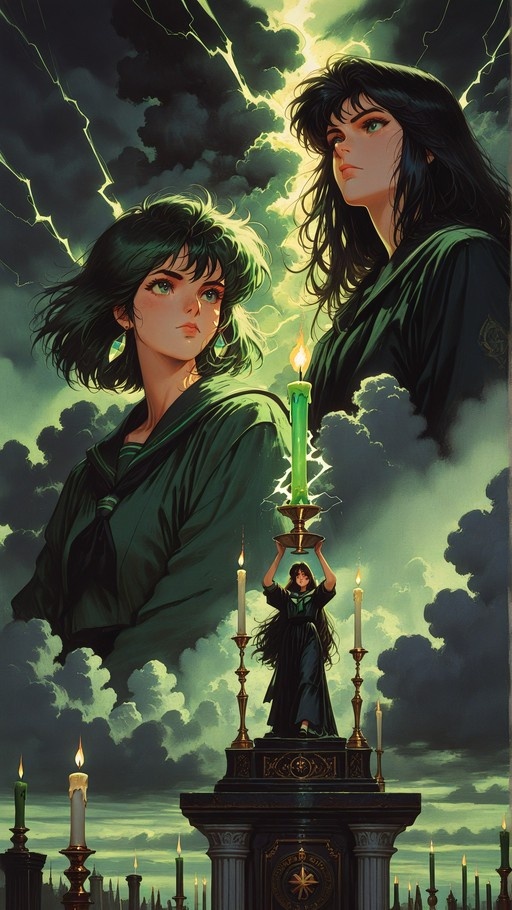 Two large anime-style female faces in a green stormy sky with lightning above a smaller girl standing on a pedestal near a tall lit green candle.