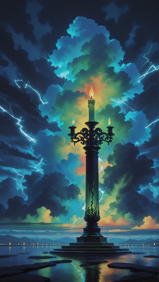 A tall black candelabra with three lit candles stands in calm water against a dramatic backdrop of dark clouds, lightning, and a colorful glowing sky.