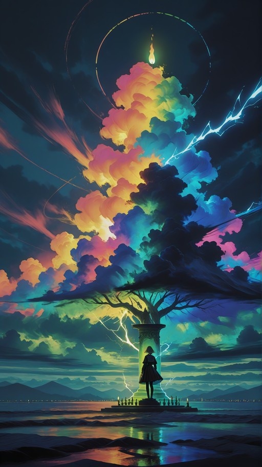 A lone girl stands on a stone column overlooking water, watching a dramatic sky filled with vibrant pink and blue clouds and striking lightning.