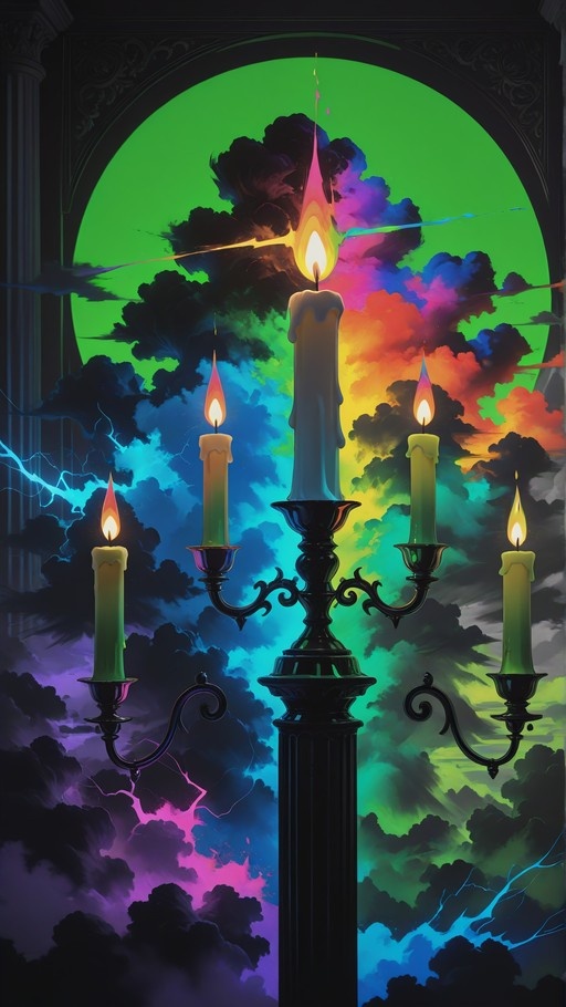 A black candelabra with five lit candles stands before a dramatic, surreal sky featuring a large green circle, swirling clouds in blue and orange, and lightning bolts striking through the atmosphere.
