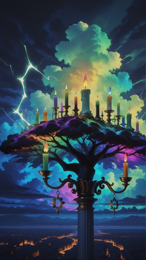 Surreal digital illustration of a dark tree growing from an ornate pillar, its branches holding numerous glowing candles against a dramatic teal and purple stormy sky with lightning above a distant night cityscape.