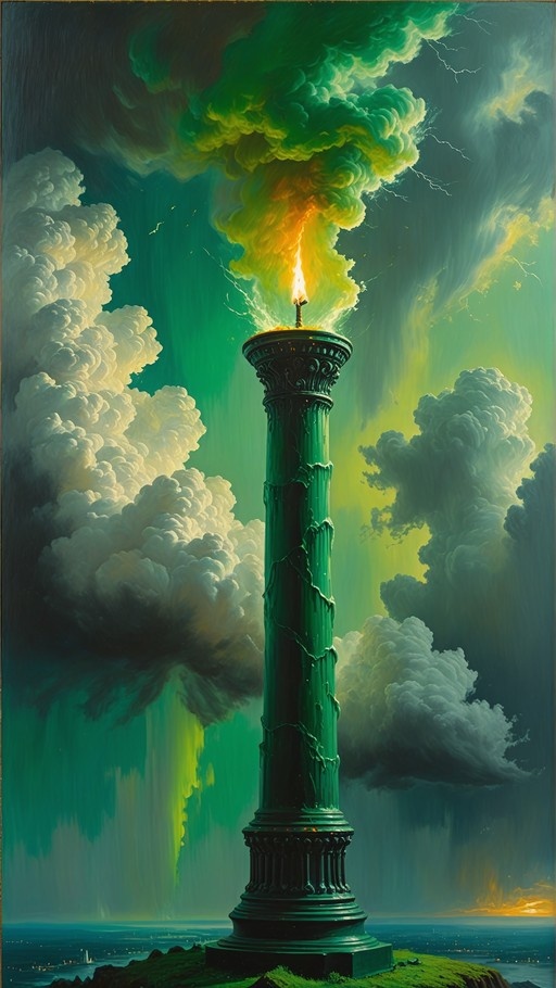 A tall green column stands on a cliff with a bright flame burning at its top, set against a backdrop of large white clouds and a greenish sky with lightning.