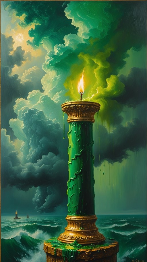A large green candle with a golden top burns on a stone pedestal overlooking a rough sea under a cloudy sky.