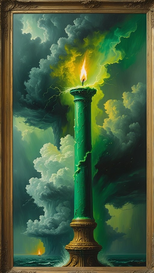 A tall green column stands in the ocean with a flame on top, surrounded by green smoke and lightning, framed in gold.