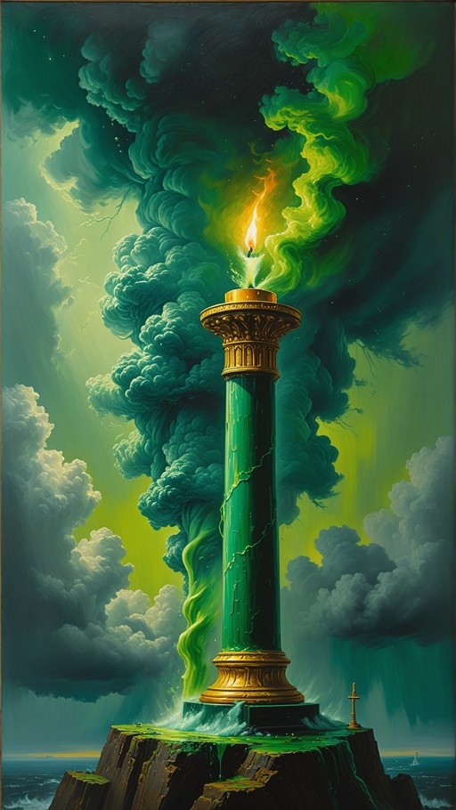 A tall green column with gold details stands on a rocky island in the ocean, emitting bright flames and thick green smoke into a cloudy sky.