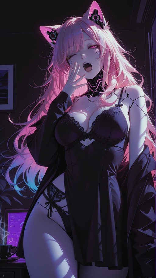 A pink-haired anime girl with mechanical cat ears yawns while wearing black lingerie and an open jacket, illuminated by purple neon light from a computer screen.