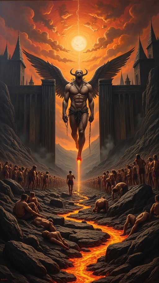 A muscular horned demon with large black wings floats above a stream of lava in a rocky valley, holding chains as crowds watch from the banks.