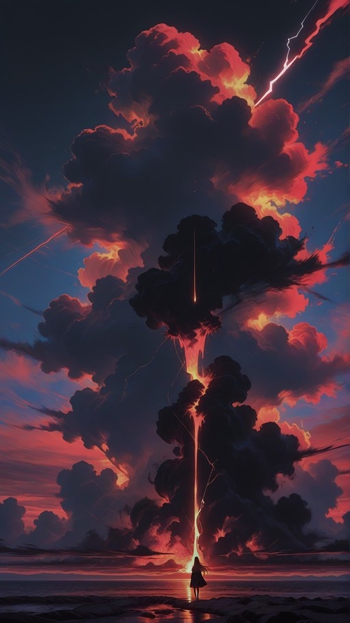 A lone anime-style figure stands on a rocky shore facing a massive, fiery red and orange storm cloud illuminated by lightning over the ocean.