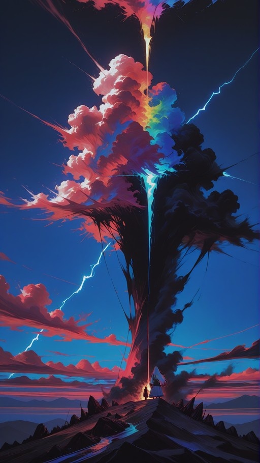 Two figures standing on a rocky cliff looking up at a giant tree structure that is half pink fire and half black smoke against a blue sky with lightning.
