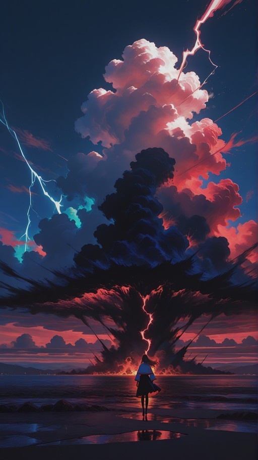 A lone girl in a school uniform stands on a wet beach facing a massive, explosion-shaped storm cloud illuminated by pink and blue lightning.