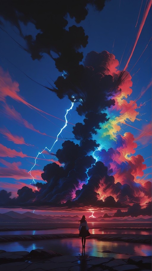 A lone girl stands in shallow water facing a dramatic sky filled with dark storm clouds illuminated by pink sunset light and a striking bolt of lightning.